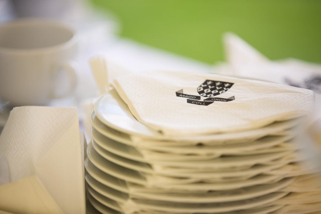 Small plates and napkins with the Magdalen crest