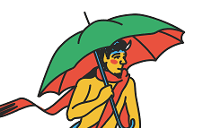 An illustration of mr tumnus carrying a red and green umprella and wearing a red scarf. His body is yellow.