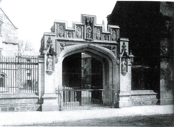 a 19th century photograph of the bodley garner gate. The gates are open, and you can clearly see the intricate stone work and statuary all over the gate.