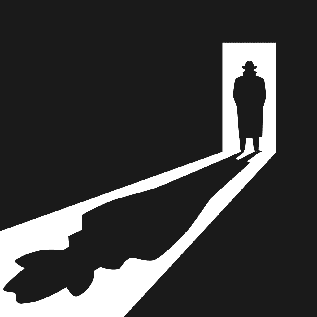 a vector drawing of a silhoutted spy in a doorway