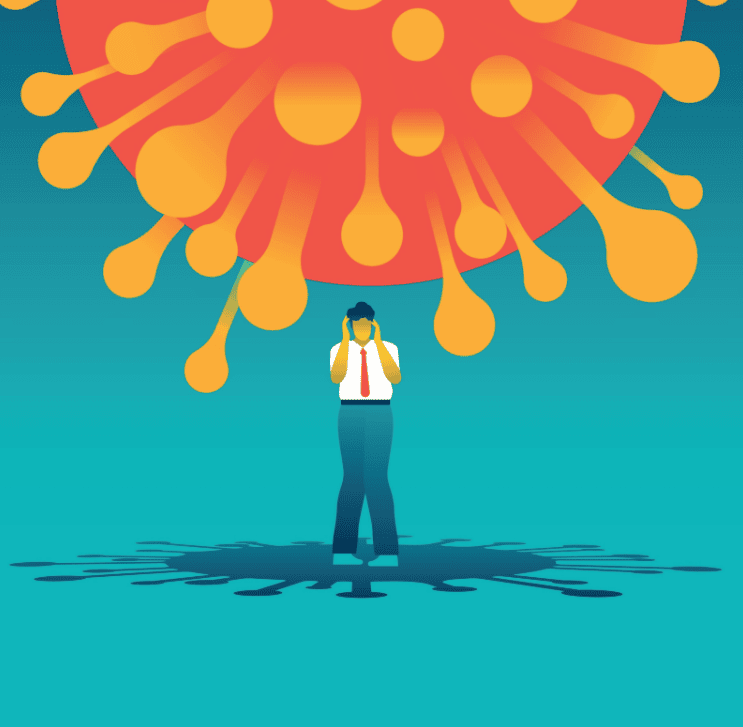 an illustration in blue and orange of a giant covid spore and an anxious man