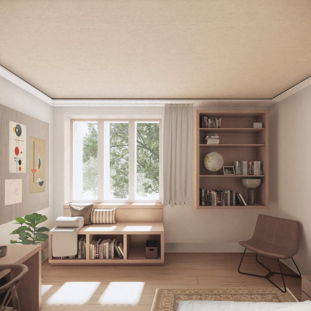 an artist's impression of a room in the proposed waynflete development. The room is light and bright and furnished in a mid century way