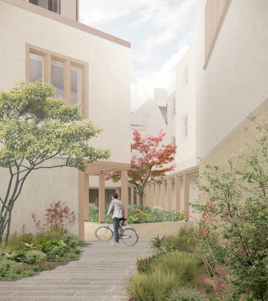 an illustration of the central quad proposal for the waynfelete development - the architecture is clean and open