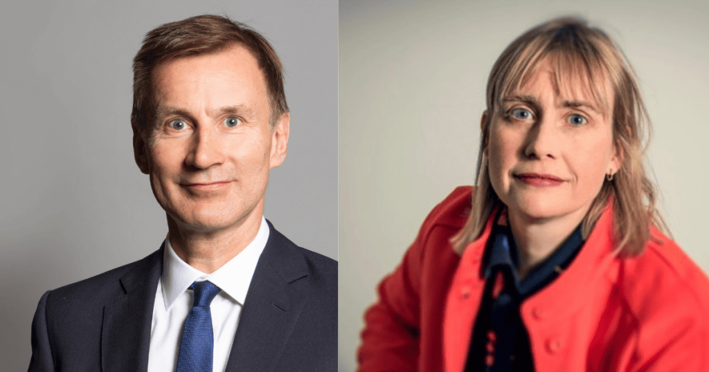 (Left) A portrait of Jeremy Hunt on a white background wearing a suit and tie and smiling. (Right) A portrait of Sarah Healey on a white background in a red jacket smiling.