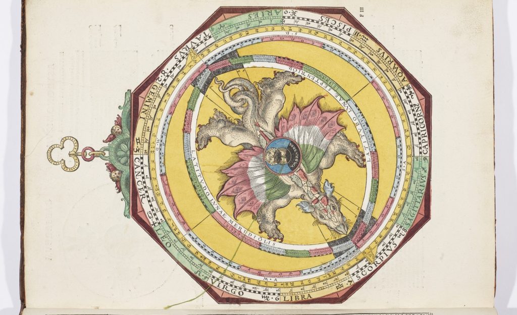 A picture of the Astronomicum causarium. It's a moving image of the heavens, showing a great sky dragon stretching across the sky.