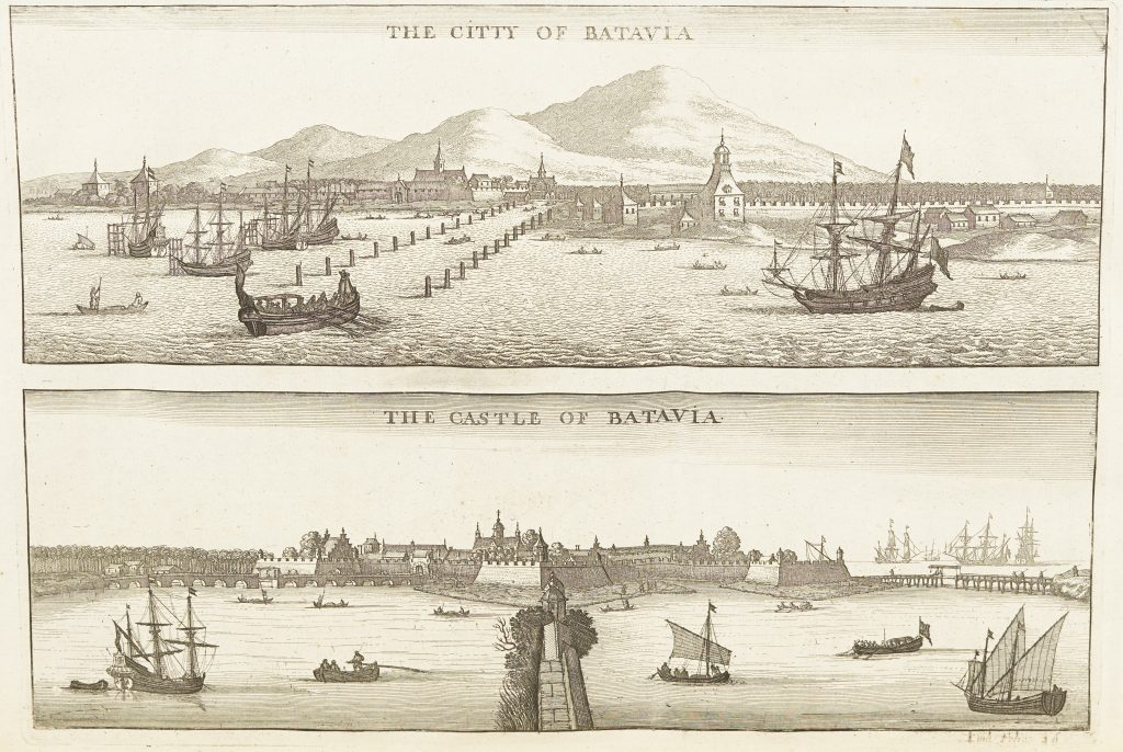 The upper picture is the city of Batavia, with boats on the sea and a city at the back. The lower picture is the castle of Batavia near the sea.