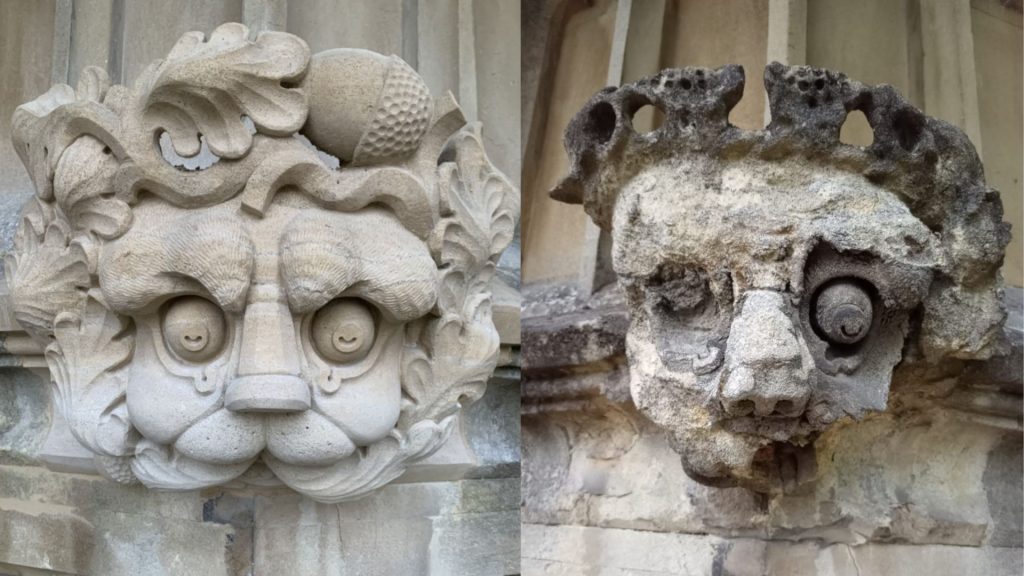 a comparison side by side of the two lions in the oriel window