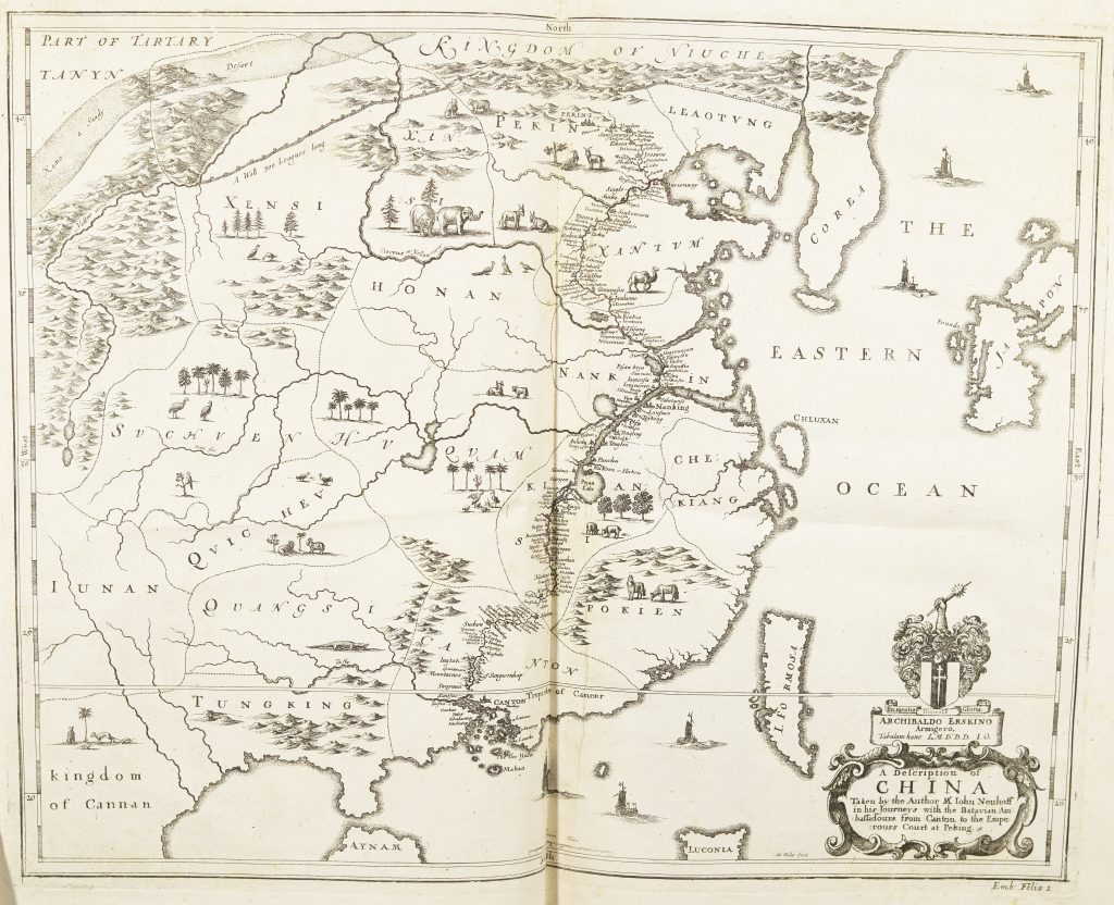 A map of China in 1665 during the Qing dynasty. The map indicates all the provinces and their capital cities. It also includes flora and fauna.
