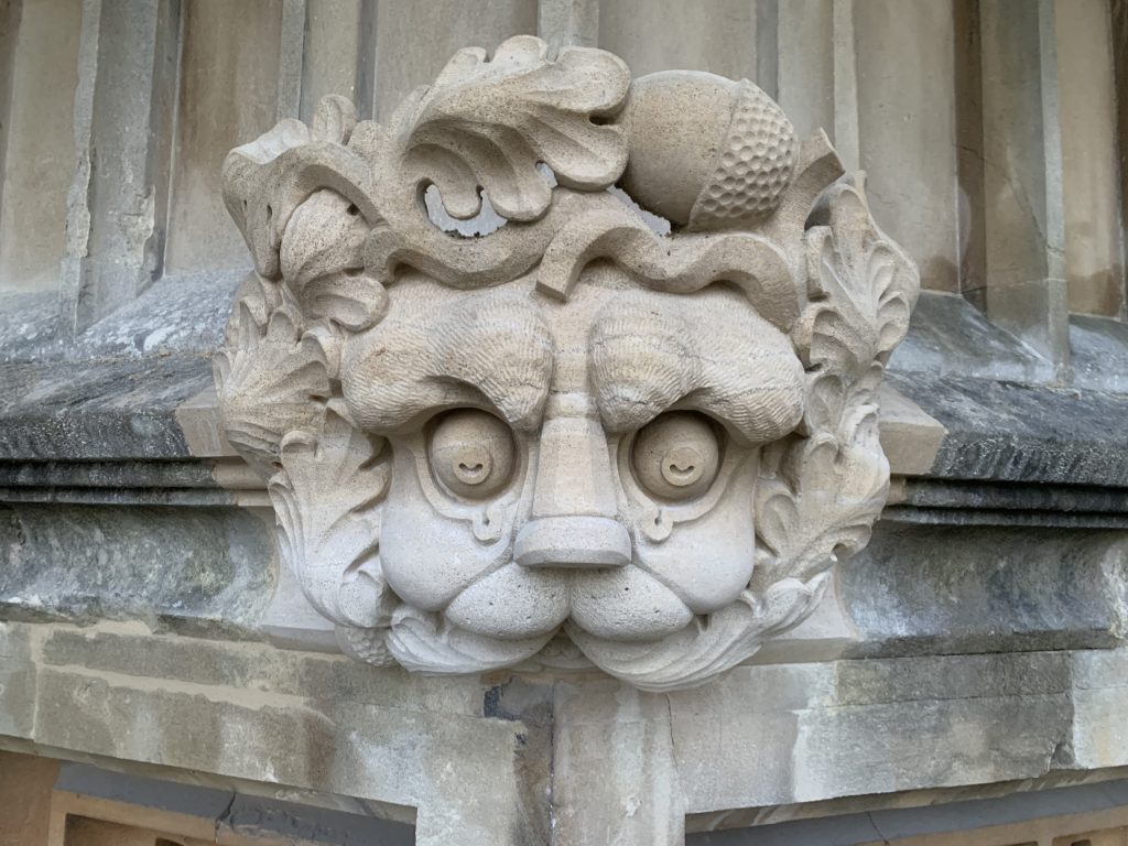 a photo of the new lion grotesque on the oriel window the the Old Library