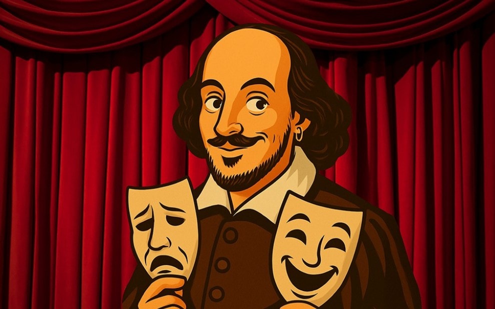 Cartoon image of William Shakespeare to promote Is Shakespeare funny? event