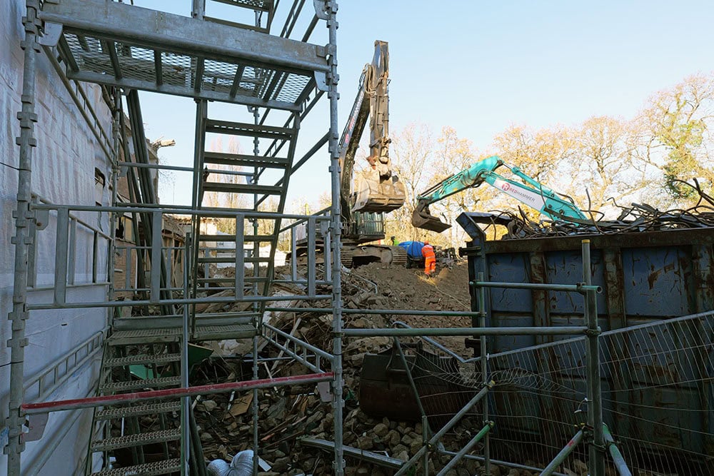 Waynflete Quad update. An image of rubble and scaffolding