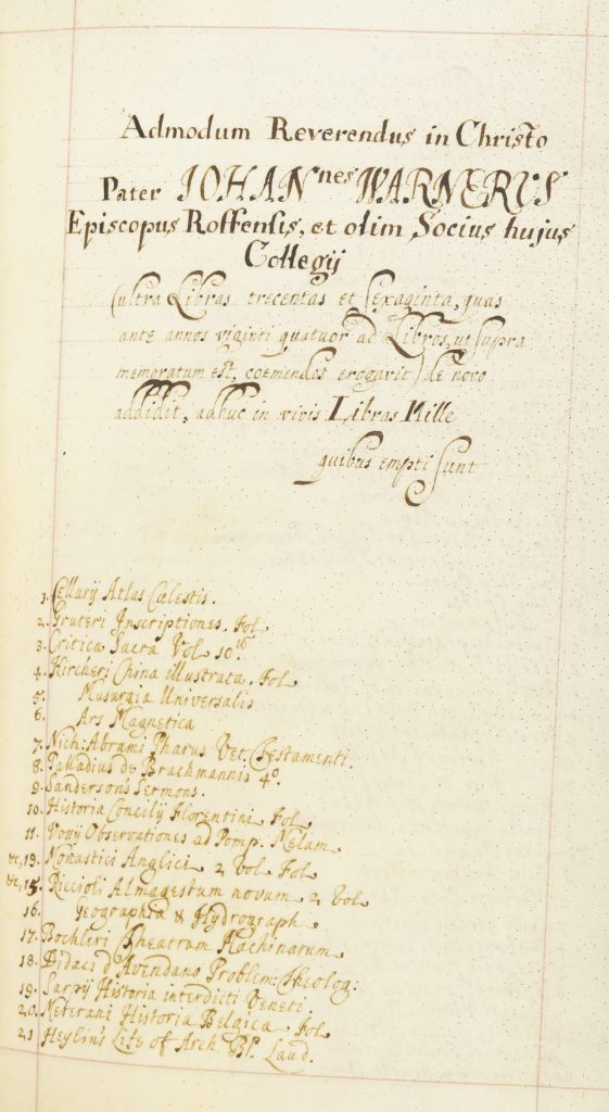 Details of some of the Warner books recorded in our 17th century Benefactors' Book.