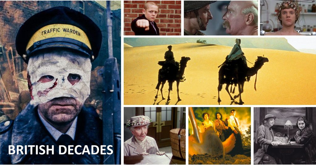 A montage picture of images from British films, featuring an image of a traffic warden with a bandaged face.