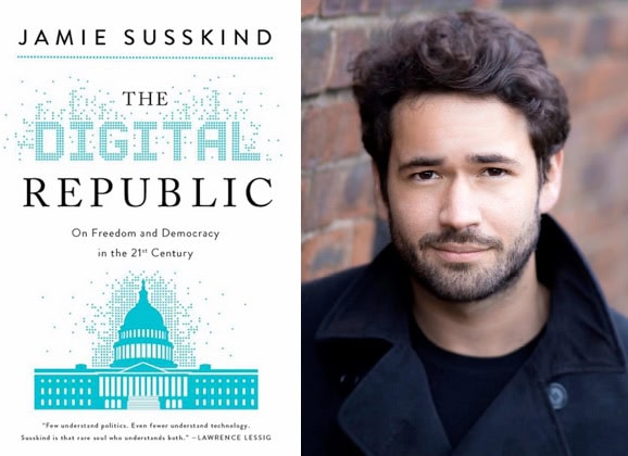 Jamie's portrait and his book cover The Digital Republic, which is white and has a picture of the white house on the front
