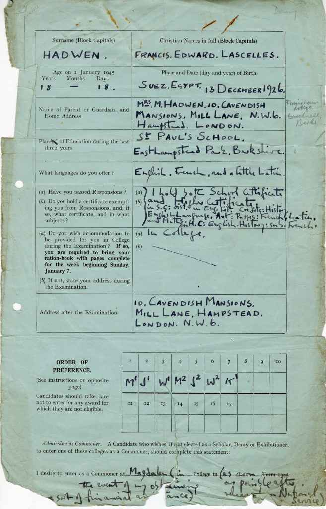 Lascelles-Hadwen's application form for Magdalen College.