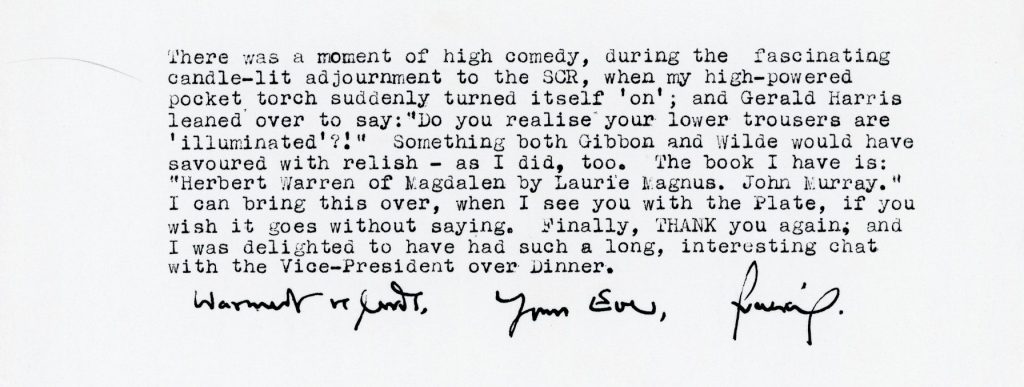 An extract from a letter by Lascelles-Hadwen, in which he recounts the accidental illumination of his trousers with a pocket torch.