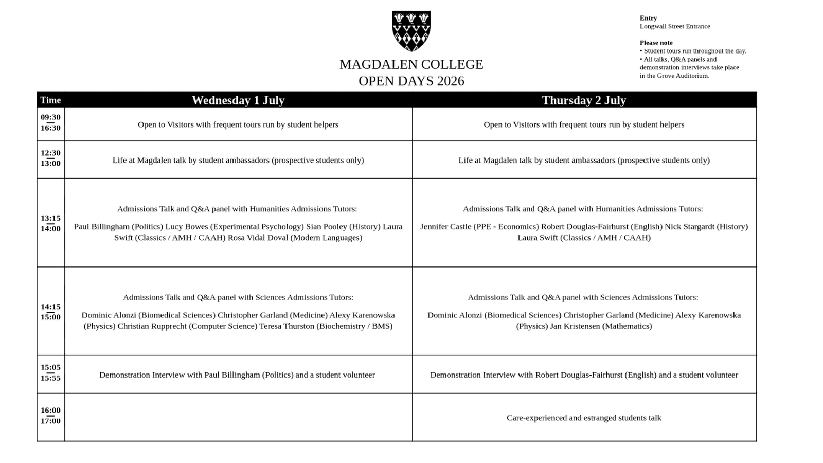 Open Day timetable