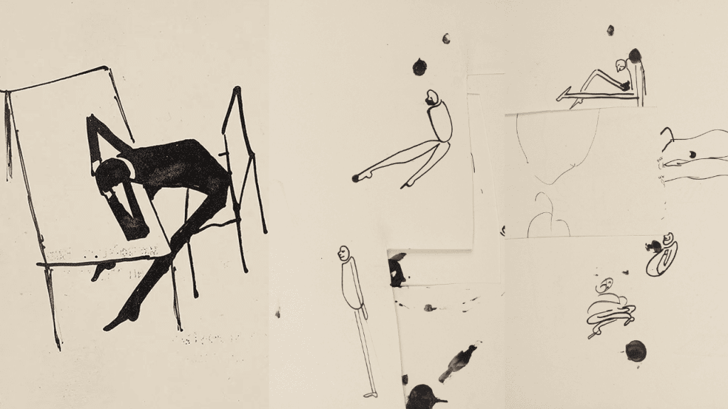 Drawings by Kafka of man at a desk, and other figures