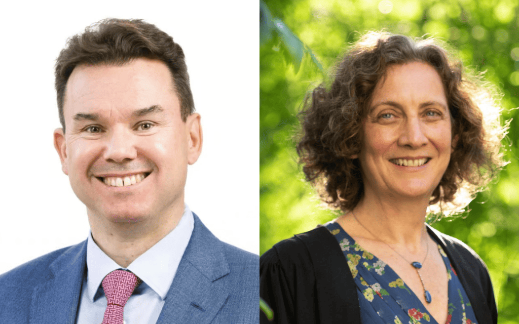 Side-by-side portraits. On the left, Constantin Coussios smiles against a white background while wearing a blue suit jacket, light blue shirt, and pink patterned tie. On the right, Dinah Rose smiles outdoors against green foliage. She's wearing a blue patterned top, a black academic gown, and a blue drop necklace.