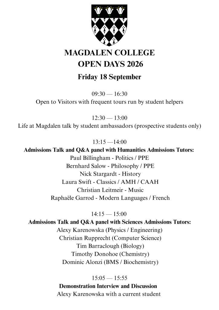 Open Day timetable